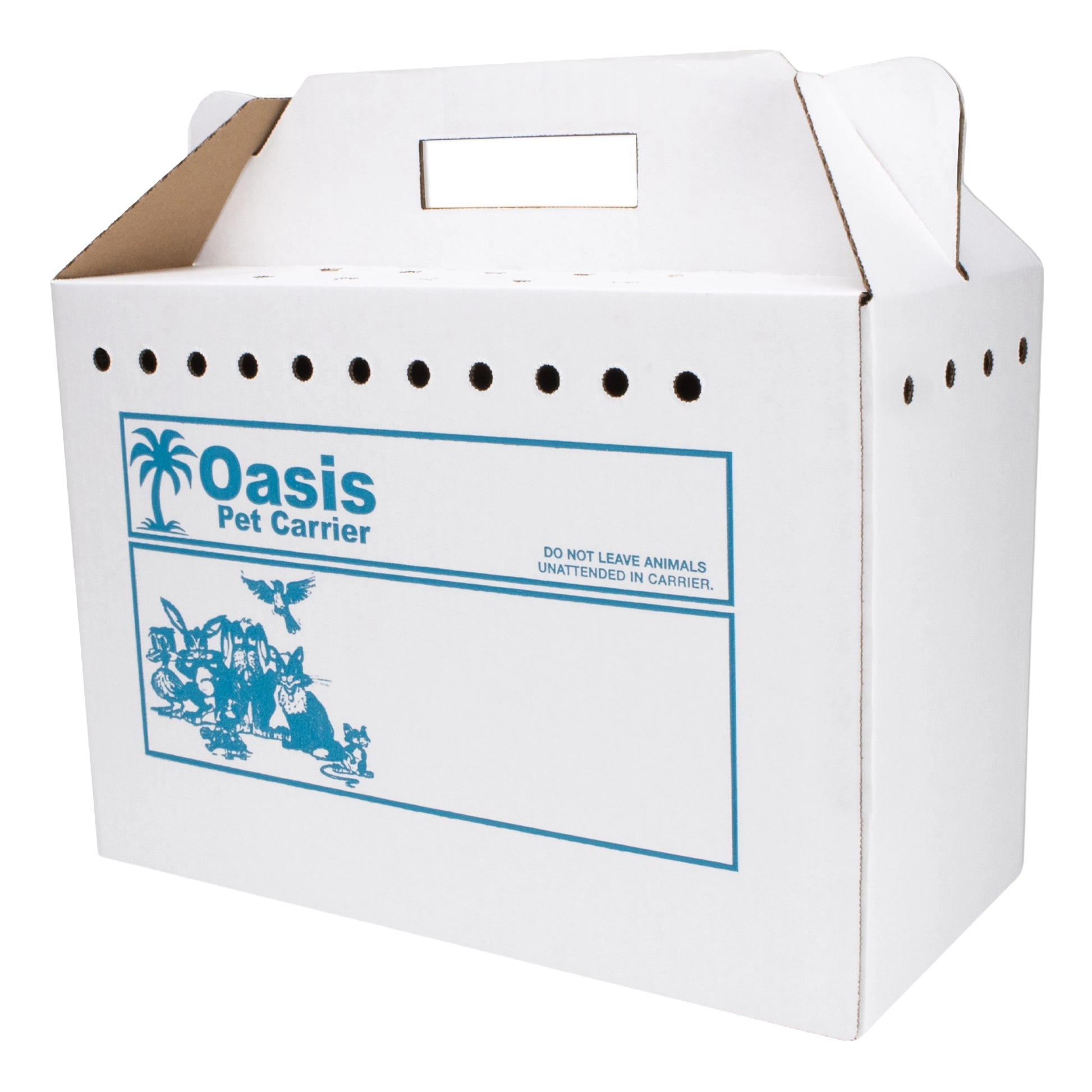 Disposable Cardboard Pet Carriers,"White cardboard carrier box with vent holes and handle slot"