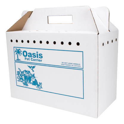 Disposable Cardboard Pet Carriers,"White cardboard carrier box with vent holes and handle slot"