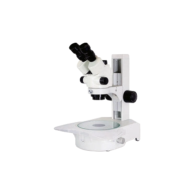 Embryo-Glo Stereo Microscope,"White stereo microscope on stand with round stage plate"