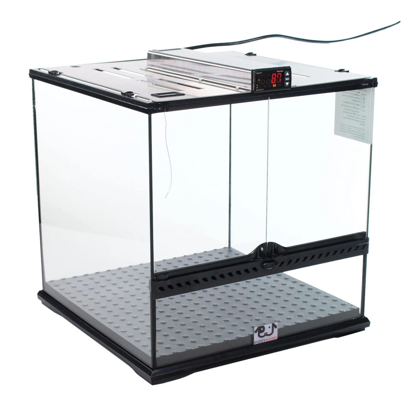 Puppywarmer® Puppy Incubator,"Clear glass incubator with metal lid and digital temperature display"