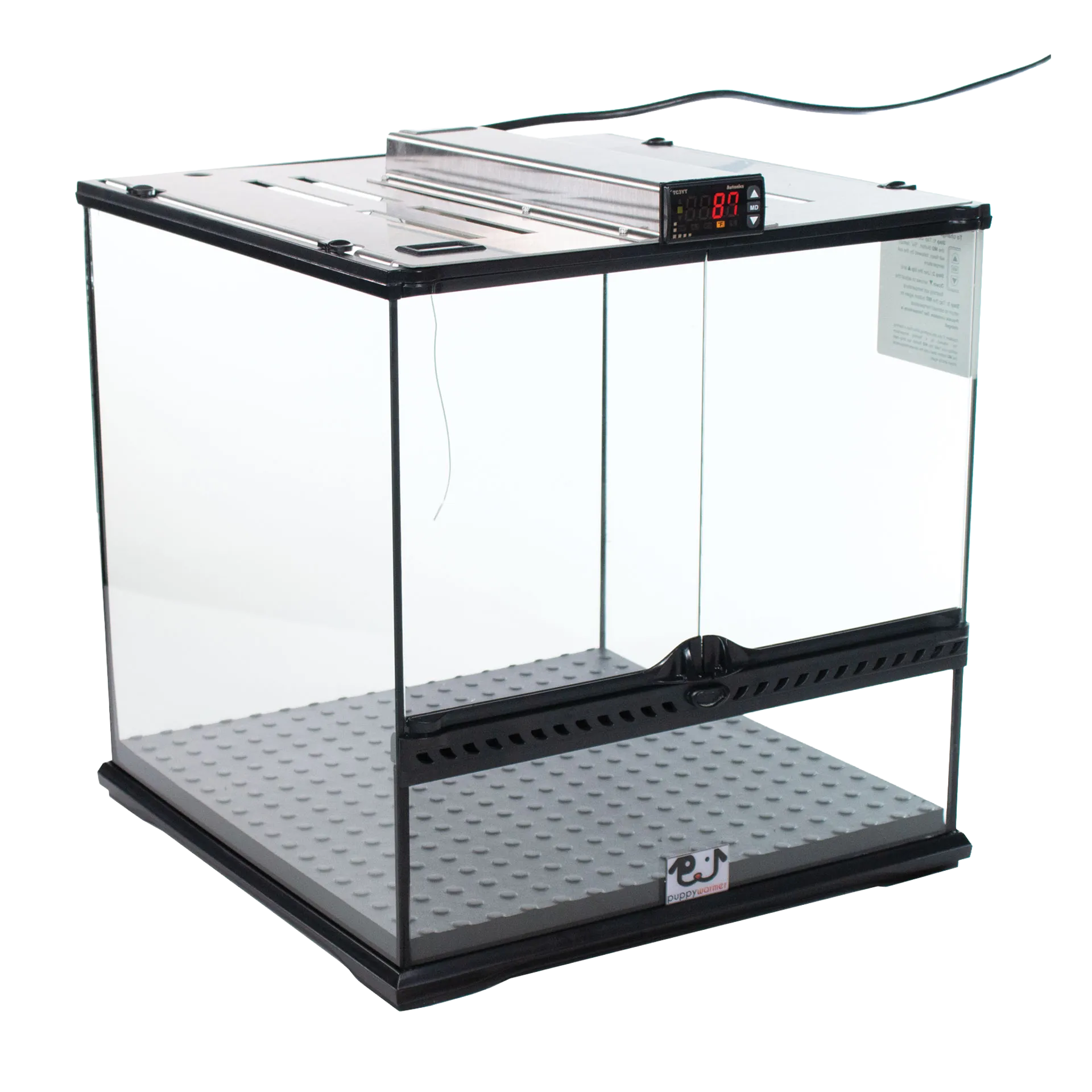 Puppywarmer® Puppy Incubator,"Clear glass incubator with metal lid and digital temperature display"