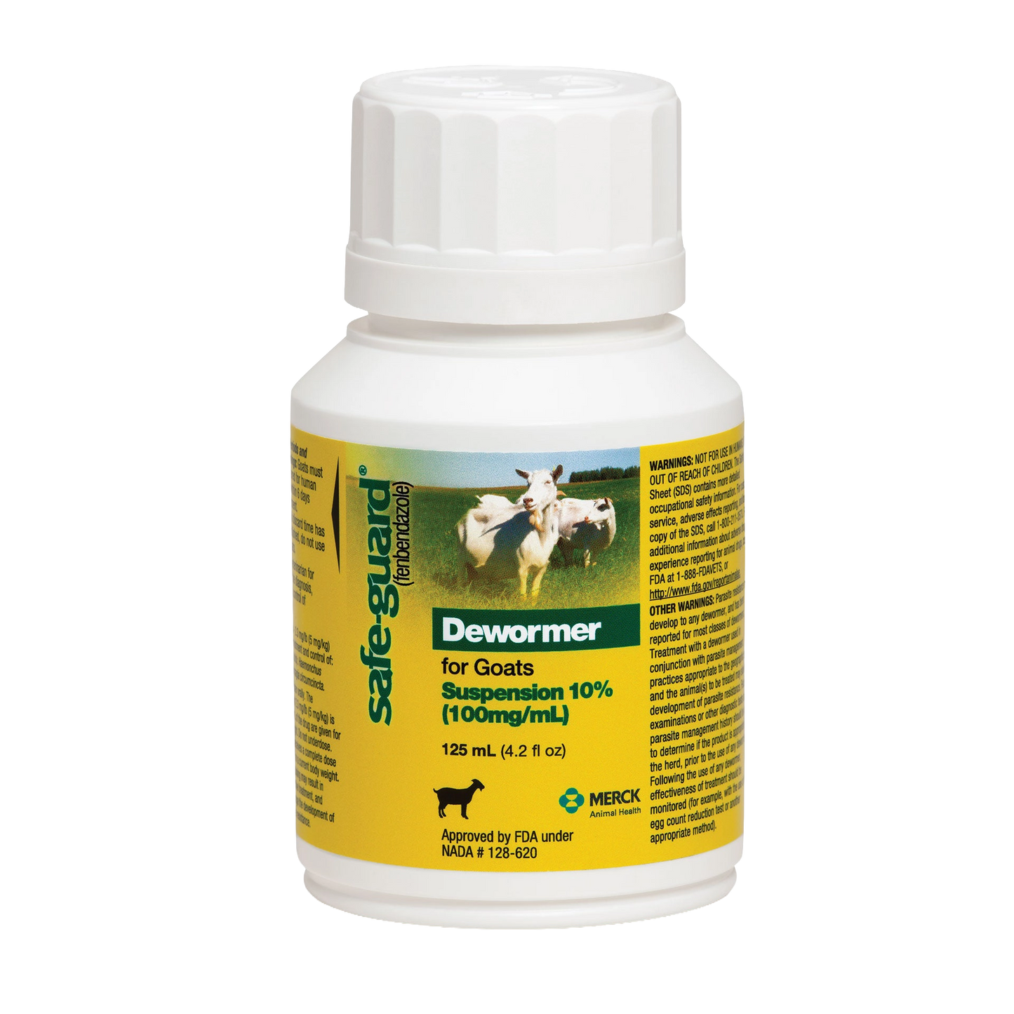 Safe-Guard® Dewormer for Goats Cattle,"White bottle with yellow label and white cap"