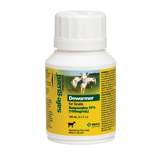 Safe-Guard® Dewormer for Goats Cattle,"White bottle with yellow label and white cap"