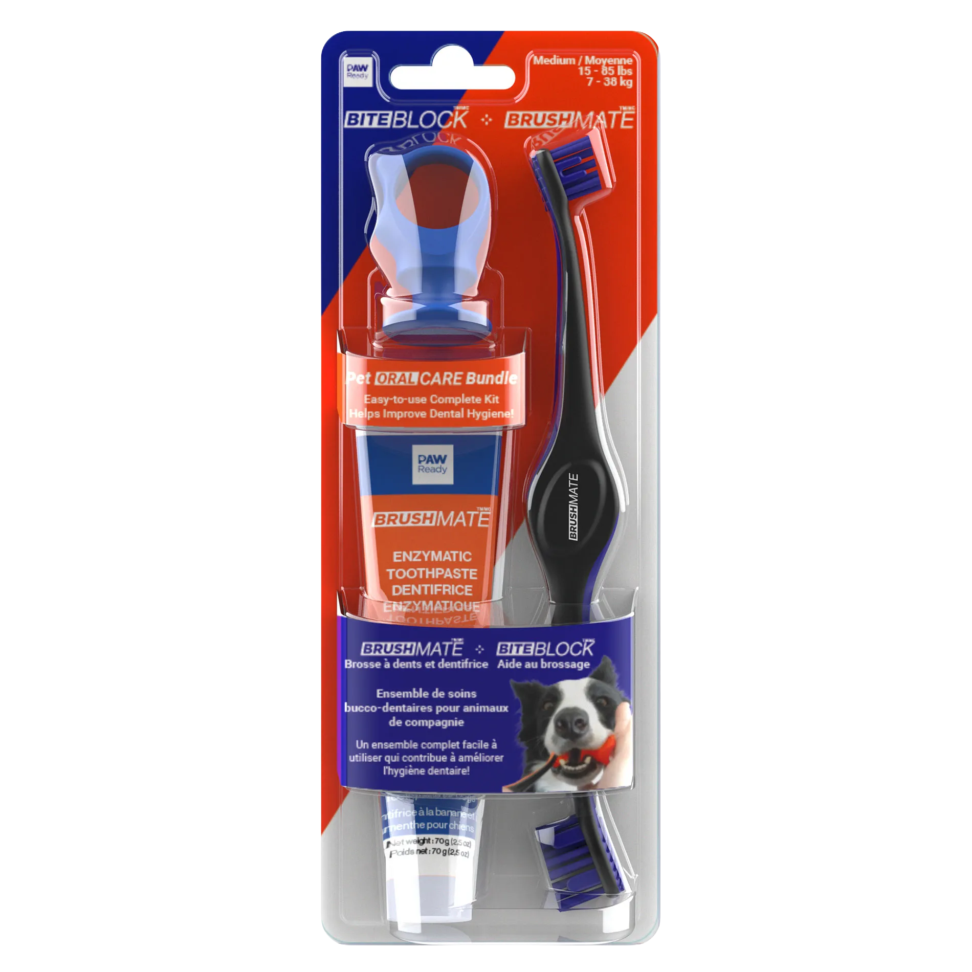 Paw Ready Oral Care Bundle,"Blister pack with dog toothbrush, toothpaste tube, and blue bite block"