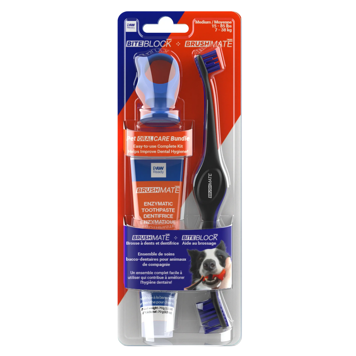 Paw Ready Oral Care Bundle,"Blister pack with dog toothbrush, toothpaste tube, and blue bite block"