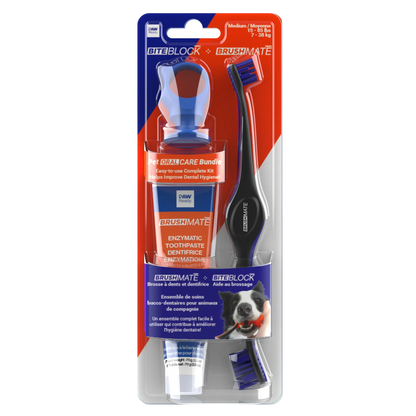 Paw Ready Oral Care Bundle,"Blister pack with dog toothbrush, toothpaste tube, and blue bite block"