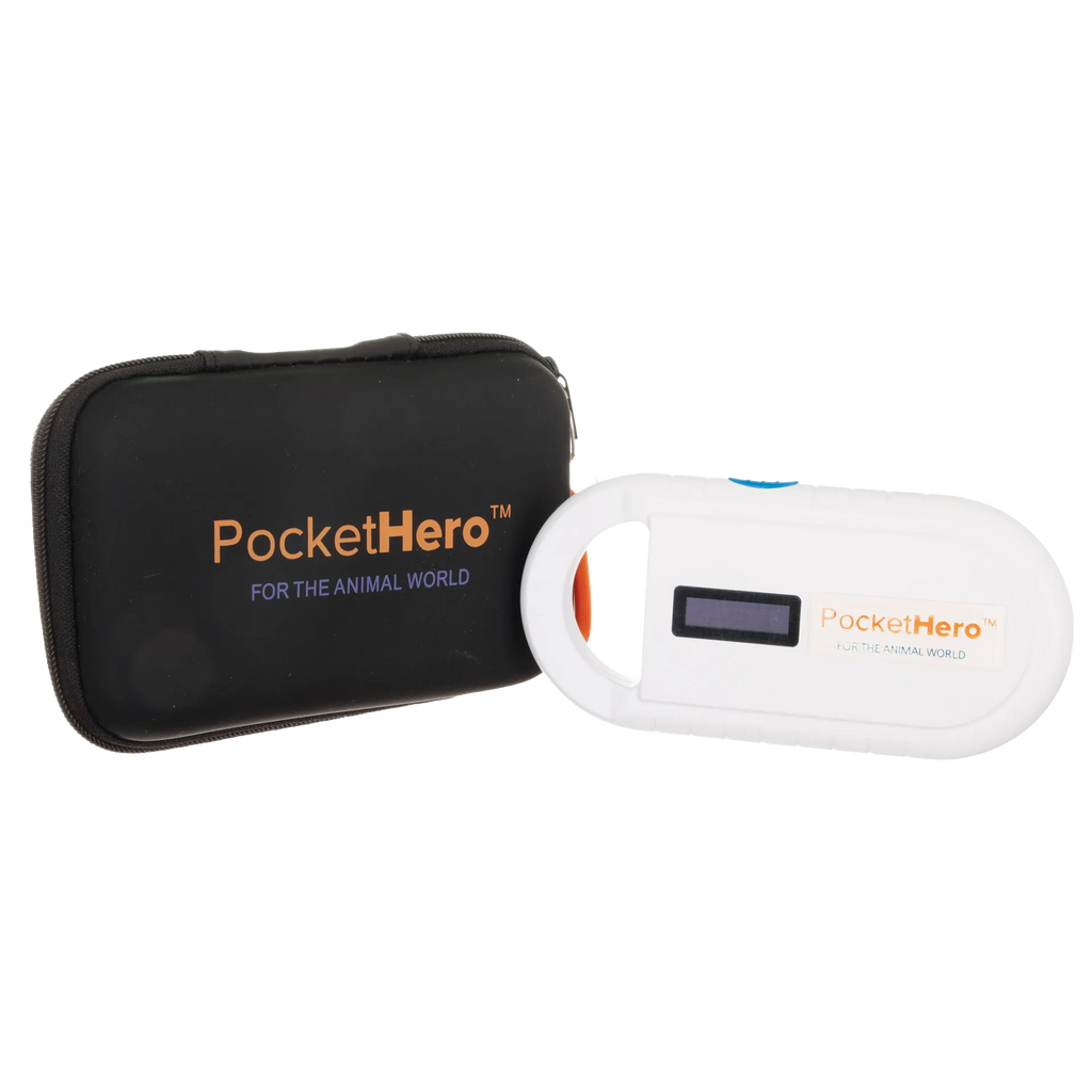 Pocket Hero™ ISO Microchip Scanner,"White handheld scanner with black zip case"