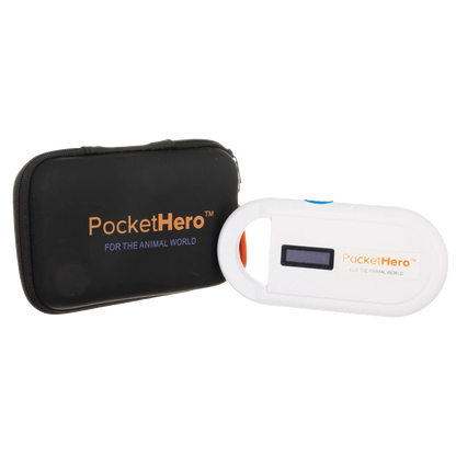Pocket Hero™ ISO Microchip Scanner,"White handheld scanner with black zip case"