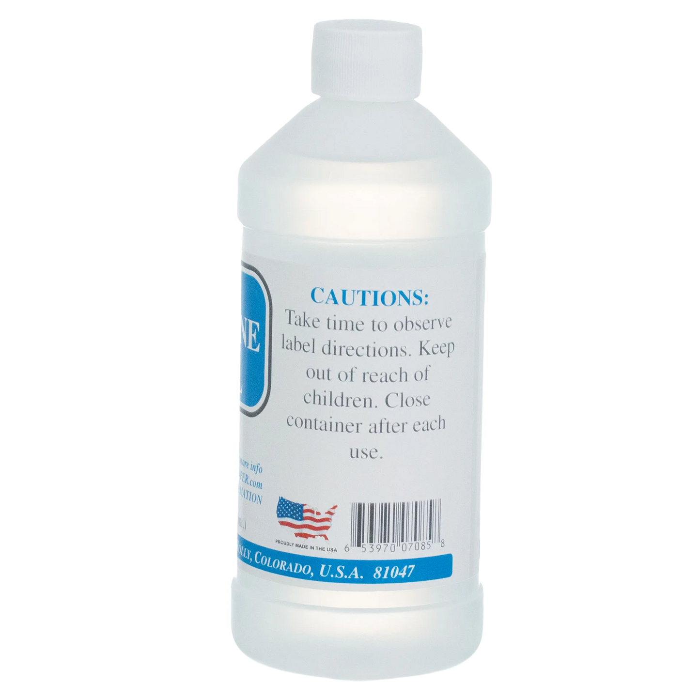 Propylene Glycol,"White plastic bottle with screw cap, back label view"