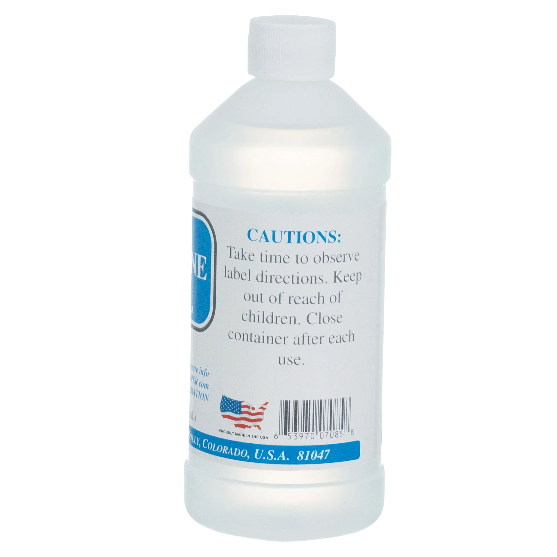 Propylene Glycol,"White plastic bottle with screw cap, back label view"