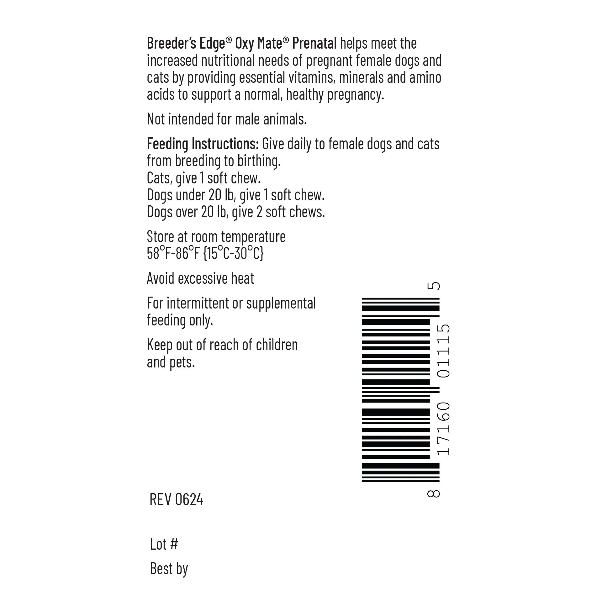 Breeder's Edge® Oxy Mate® Prenatal,"Back label panel with feeding instructions and barcode"
