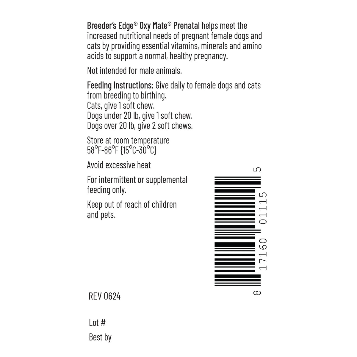 Breeder's Edge® Oxy Mate® Prenatal,"Back label panel with feeding instructions and barcode"