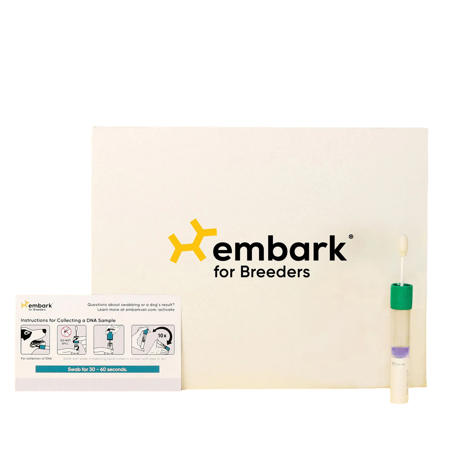 Embark® for Breeders Dog DNA Test Kit,"DNA test kit box with swab tube and instruction card"