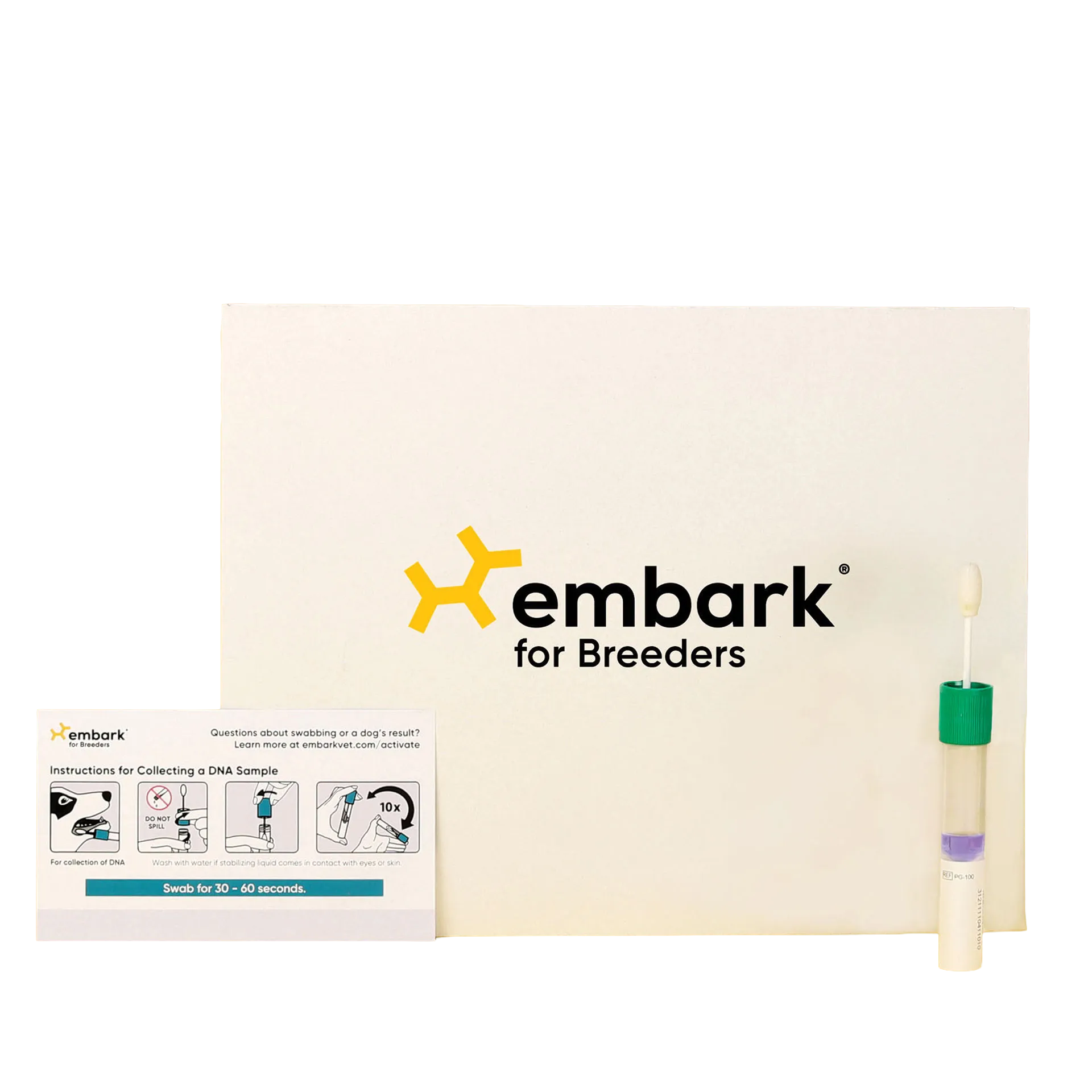 Embark® for Breeders Dog DNA Test Kit,"DNA test kit box with swab tube and instruction card"