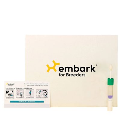 Embark® for Breeders Dog DNA Test Kit,"DNA test kit box with swab tube and instruction card"