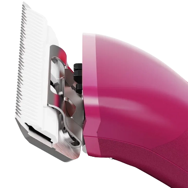 Emerge Clipper Pink with Wide 30 Blade by Andis,"Pink clipper close-up with metal blade"