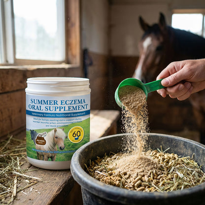 Summer Eczema,"Supplement tub beside feed bowl with scoop pouring powder"