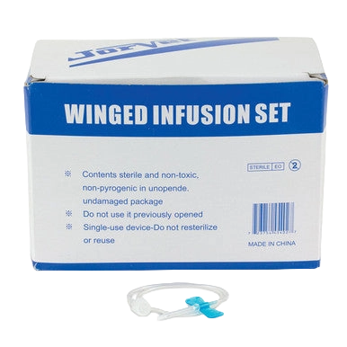 Winged Infusion Set,"Box with tubing and blue winged connector"