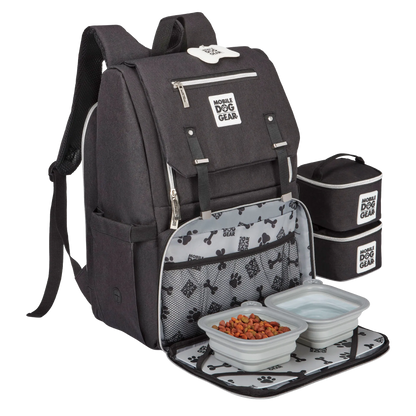 Ultimate Week Away Backpack,"Black backpack with food containers and removable zip pouches"