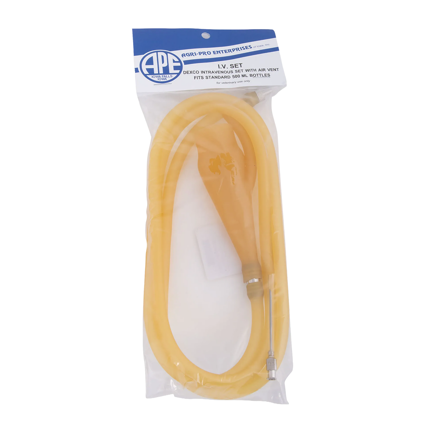 Gum Rubber I.V. Infusion Set,"Coiled yellow IV tubing set in clear retail bag"