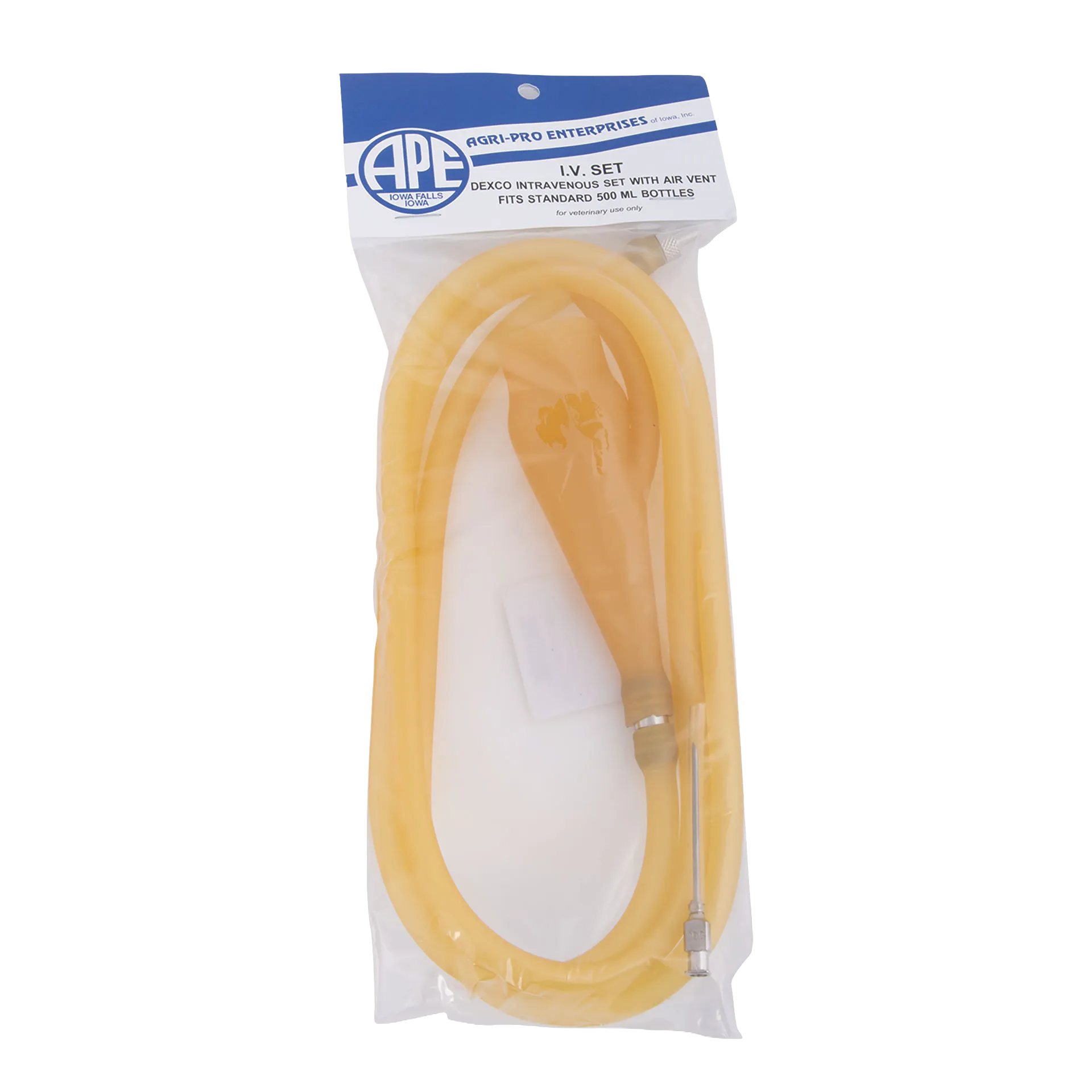 Gum Rubber I.V. Infusion Set,"Coiled yellow IV tubing set in clear retail bag"