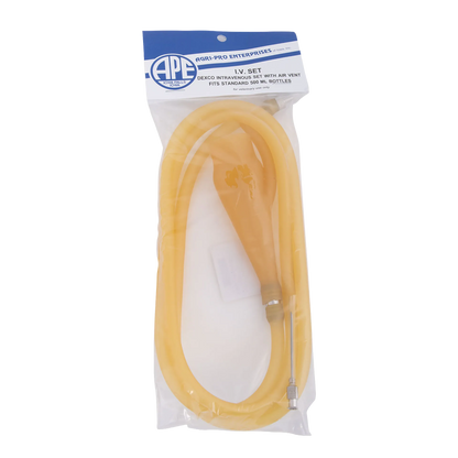 Gum Rubber I.V. Infusion Set,"Coiled yellow IV tubing set in clear retail bag"