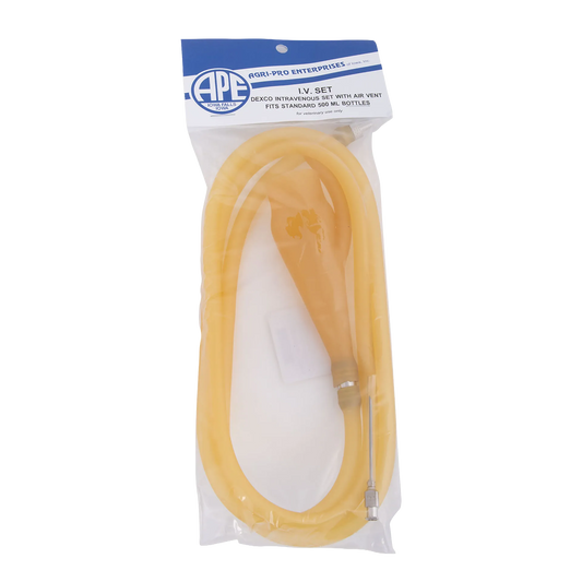 Gum Rubber I.V. Infusion Set,"Coiled yellow IV tubing set in clear retail bag"
