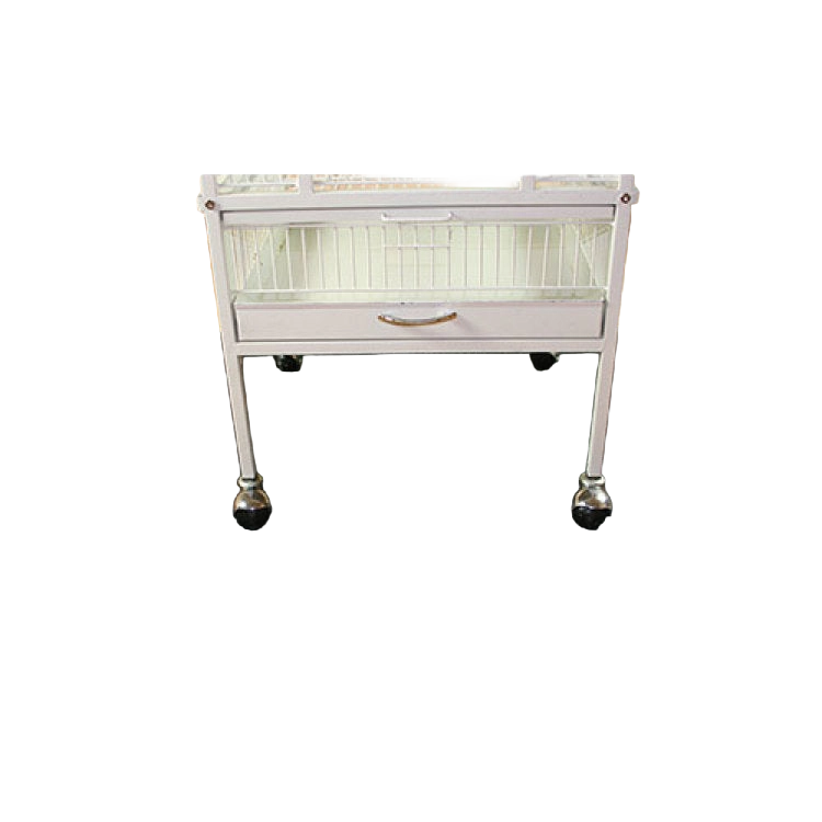 Bird Cage Mat,"White bird cage with pull-out bottom tray on wheels"