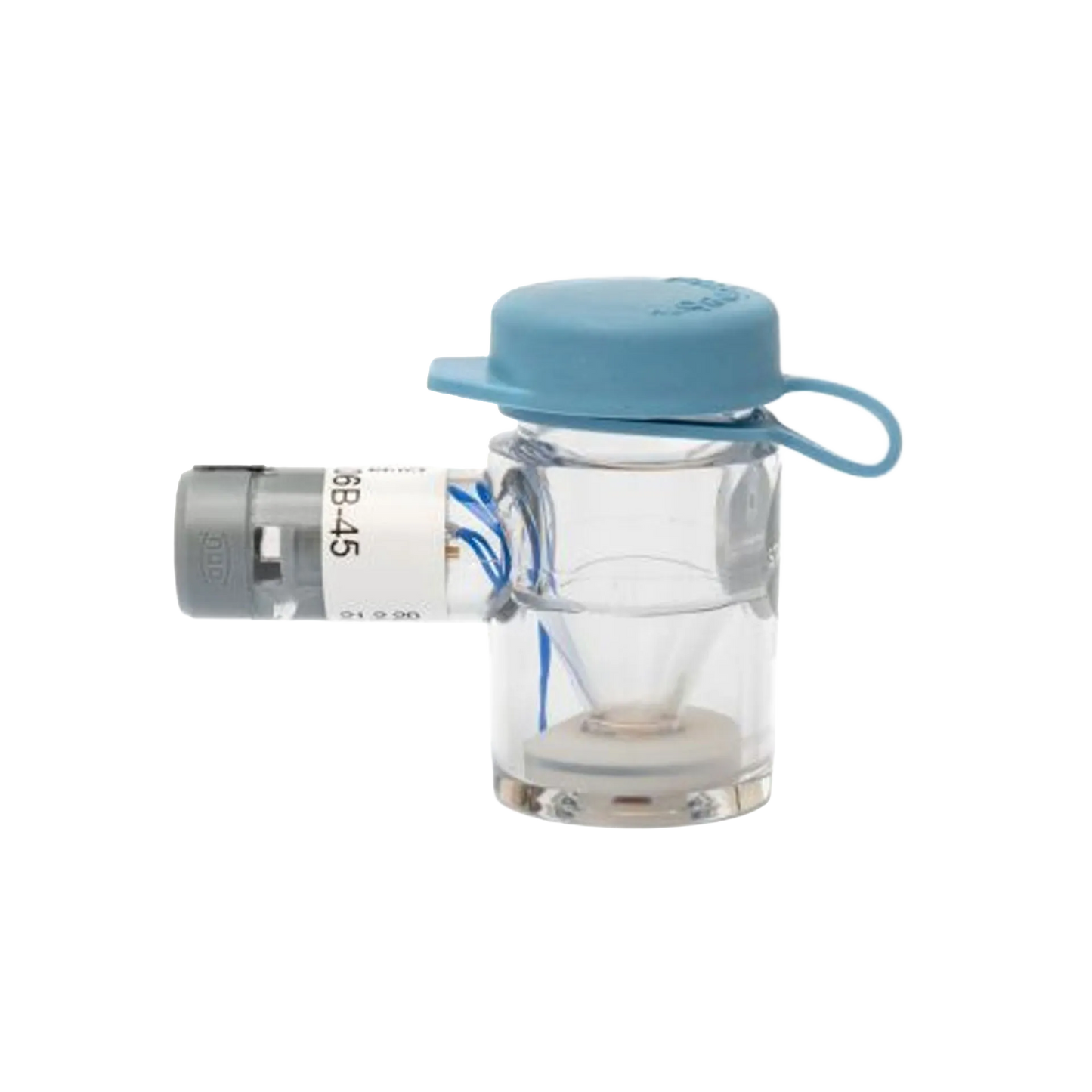Flexineb® Medium Medication Cup,"Clear medication cup with blue cap and gray side connector"
