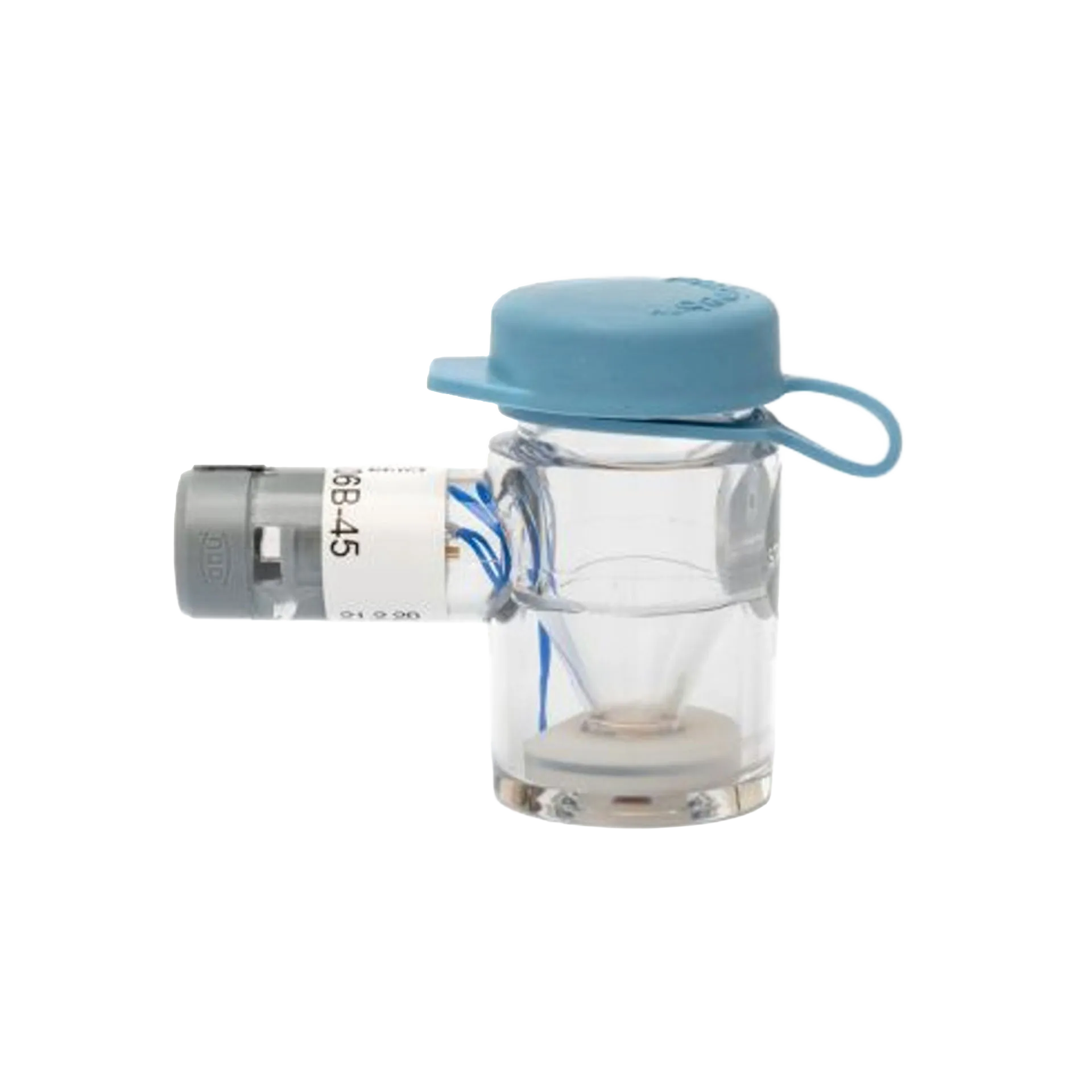 Flexineb® Medium Medication Cup,"Clear medication cup with blue cap and gray side connector"