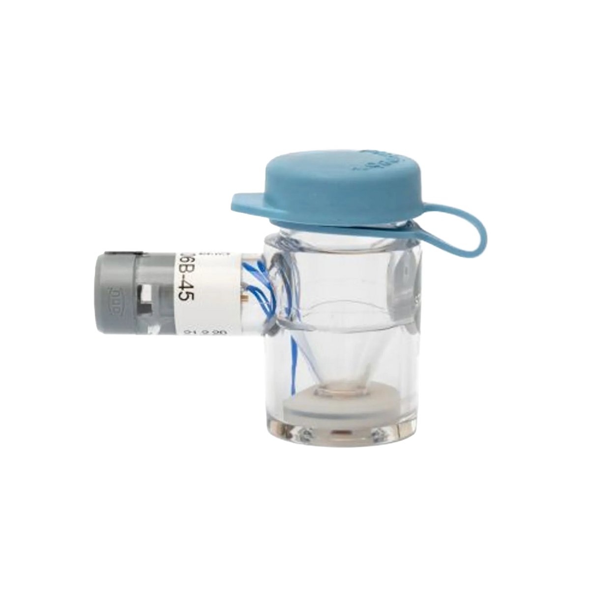 Flexineb® Medium Medication Cup,"Clear medication cup with blue cap and gray side connector"