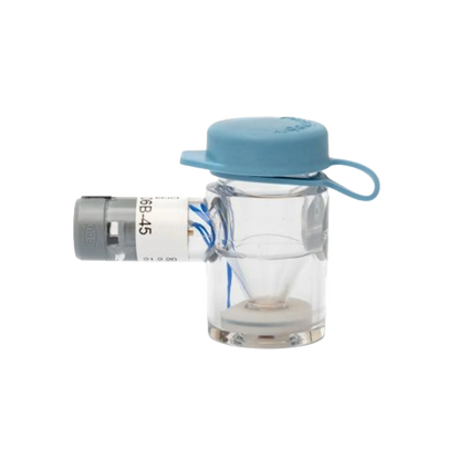 Flexineb® Medium Medication Cup,"Clear medication cup with blue cap and gray side connector"