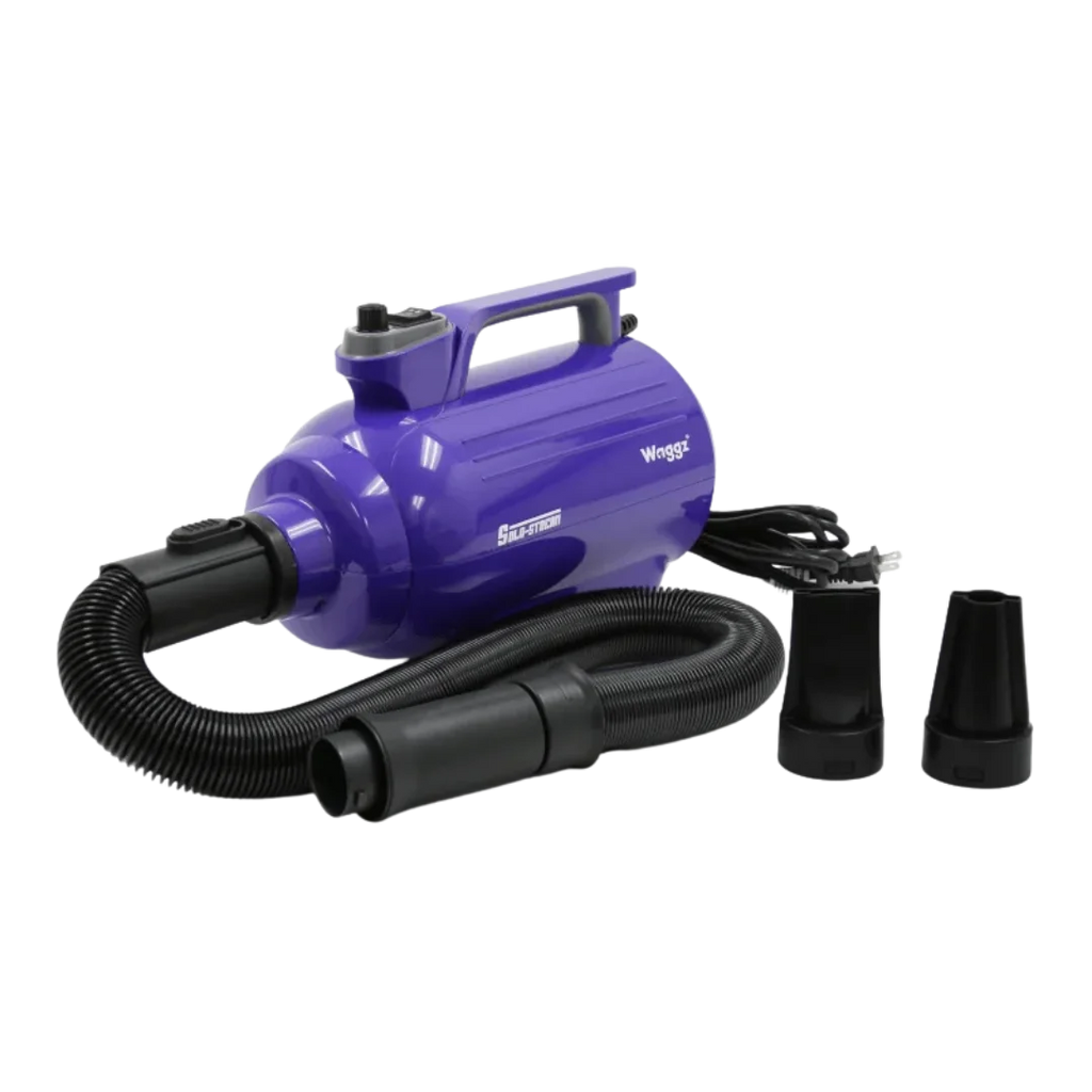 Solo-Stream Dryer by Waggz,"Purple pet dryer with black hose and two nozzle attachments"