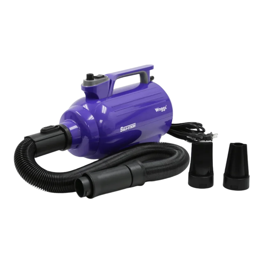 Solo-Stream Dryer by Waggz,"Purple pet dryer with black hose and two nozzle attachments"