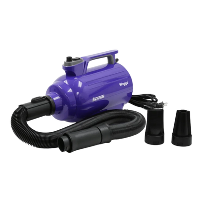 Solo-Stream Dryer by Waggz,"Purple pet dryer with black hose and two nozzle attachments"