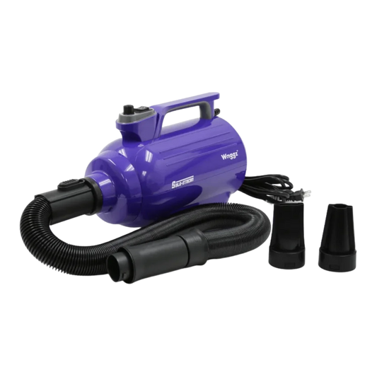 Solo-Stream Dryer by Waggz,"Purple pet dryer with black hose and two nozzle attachments"