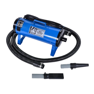 K-9 II Dog Dryer With FREE Water Peeler,"Blue dog dryer with coiled hose and two nozzle attachments"