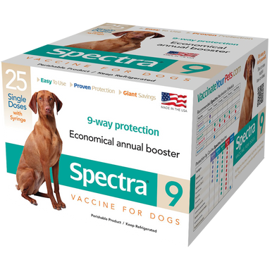 Canine Spectra 9 Dog Vaccine,"Vaccine box with dog photo and 25 single-dose syringes"