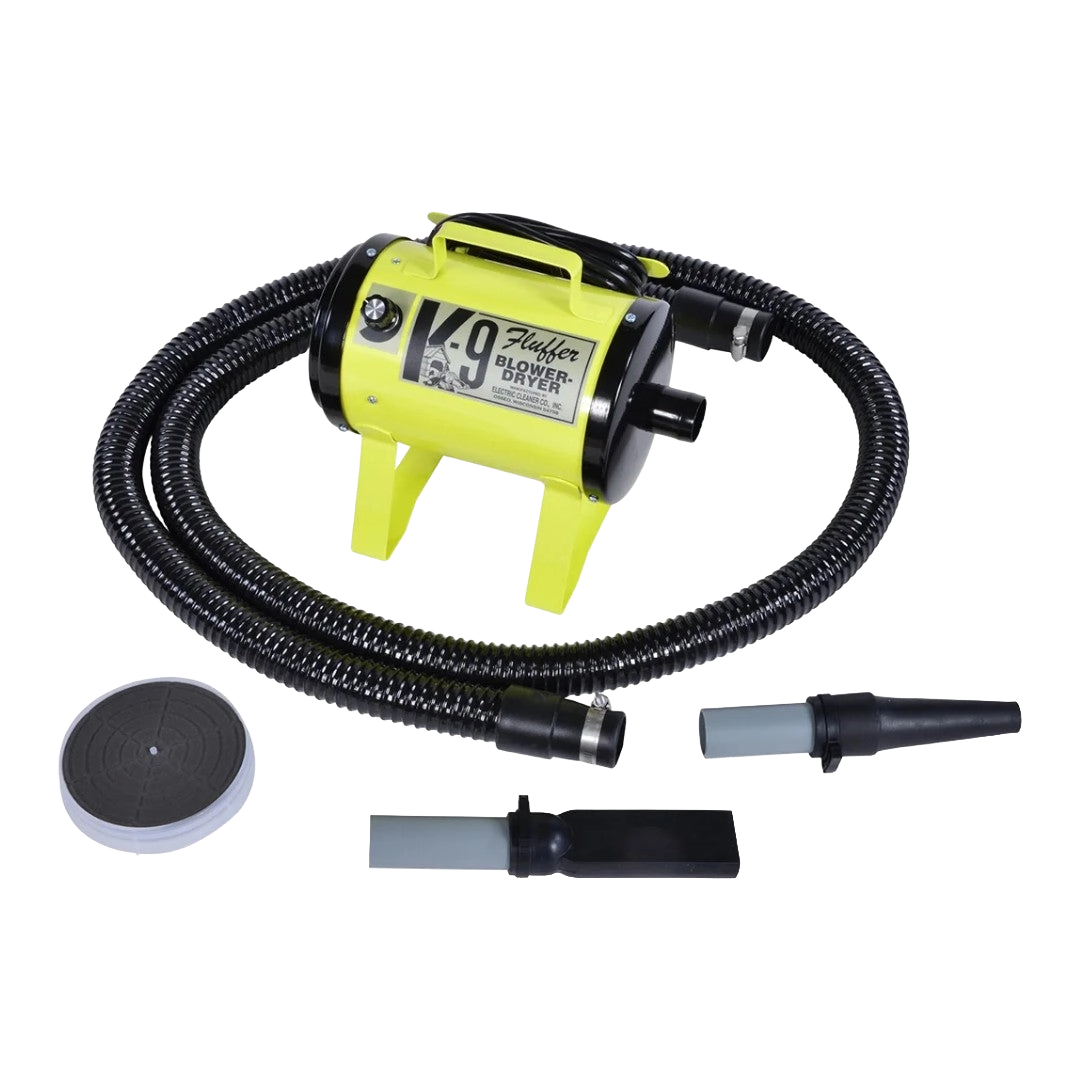 K-9 Fluffer Dog Dryer & Dog Fluffer,"Yellow pet dryer with hose, two nozzles, and round filter"