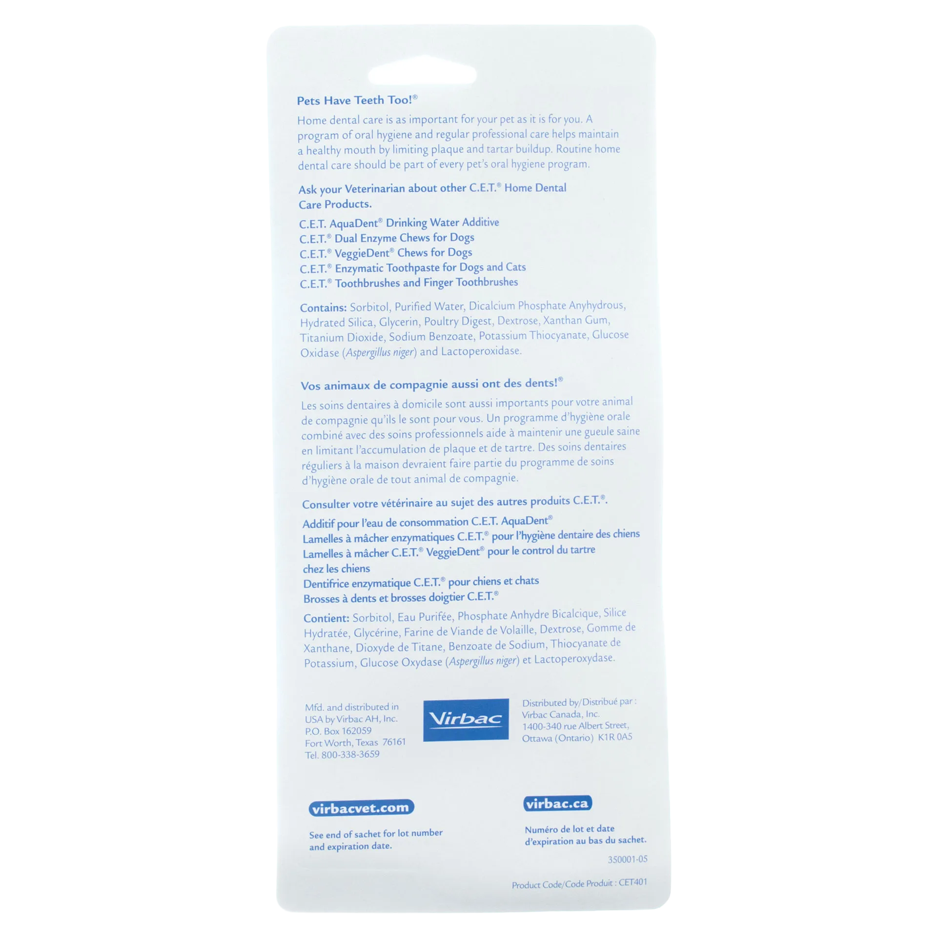 C.E.T.® Toothbrush Kit,"Back of product package with bilingual text"