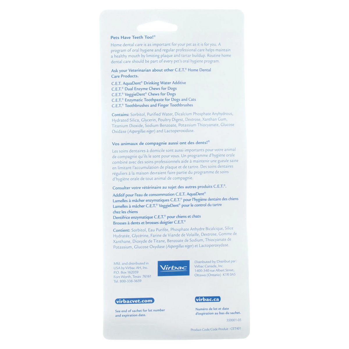 C.E.T.® Toothbrush Kit,"Back of product package with bilingual text"