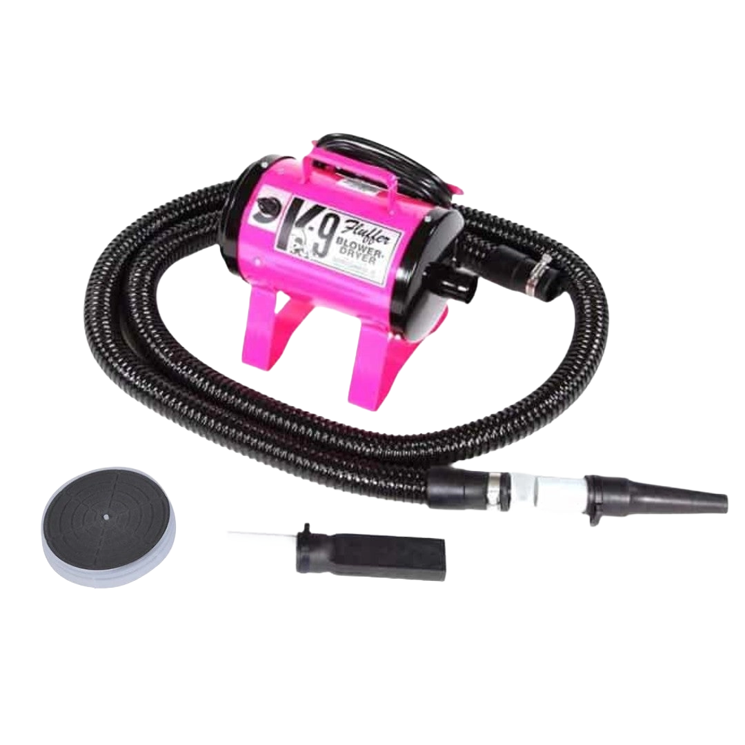 K-9 Fluffer Dog Dryer & Dog Fluffer,"Pink dryer with black hose, nozzle, filter and attachment"