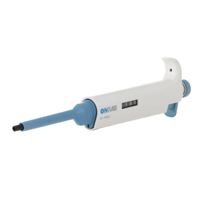 10-100ul Micropipettor,"White and blue micropipettor with side volume display"