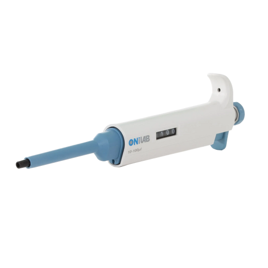 10-100ul Micropipettor,"White and blue micropipettor with side volume display"
