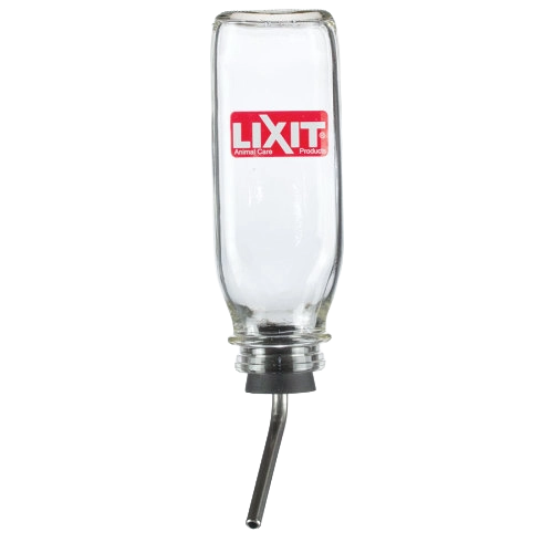 Lixit® Bird Deluxe Glass Water Bottle,"Upside-down clear glass bottle with metal drinking tube"