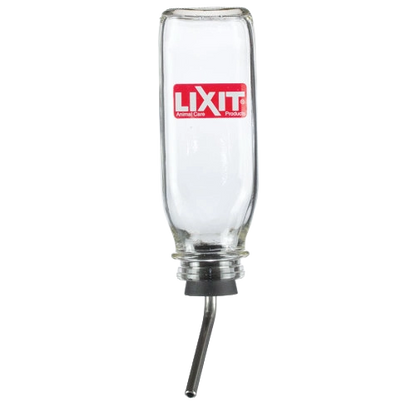 Lixit® Bird Deluxe Glass Water Bottle,"Upside-down clear glass bottle with metal drinking tube"