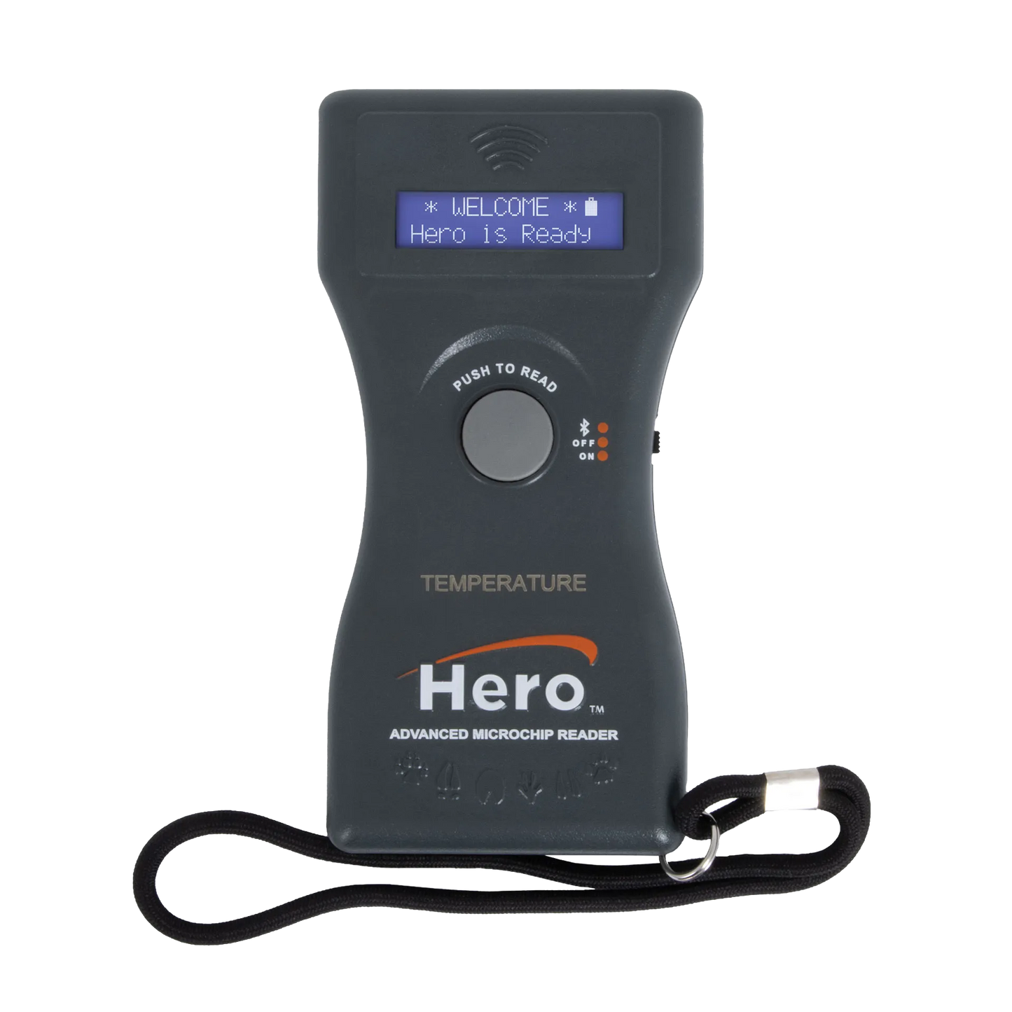 Hero™ Universal Microchip + Temp Scanner,"Handheld scanner with display screen and lanyard"