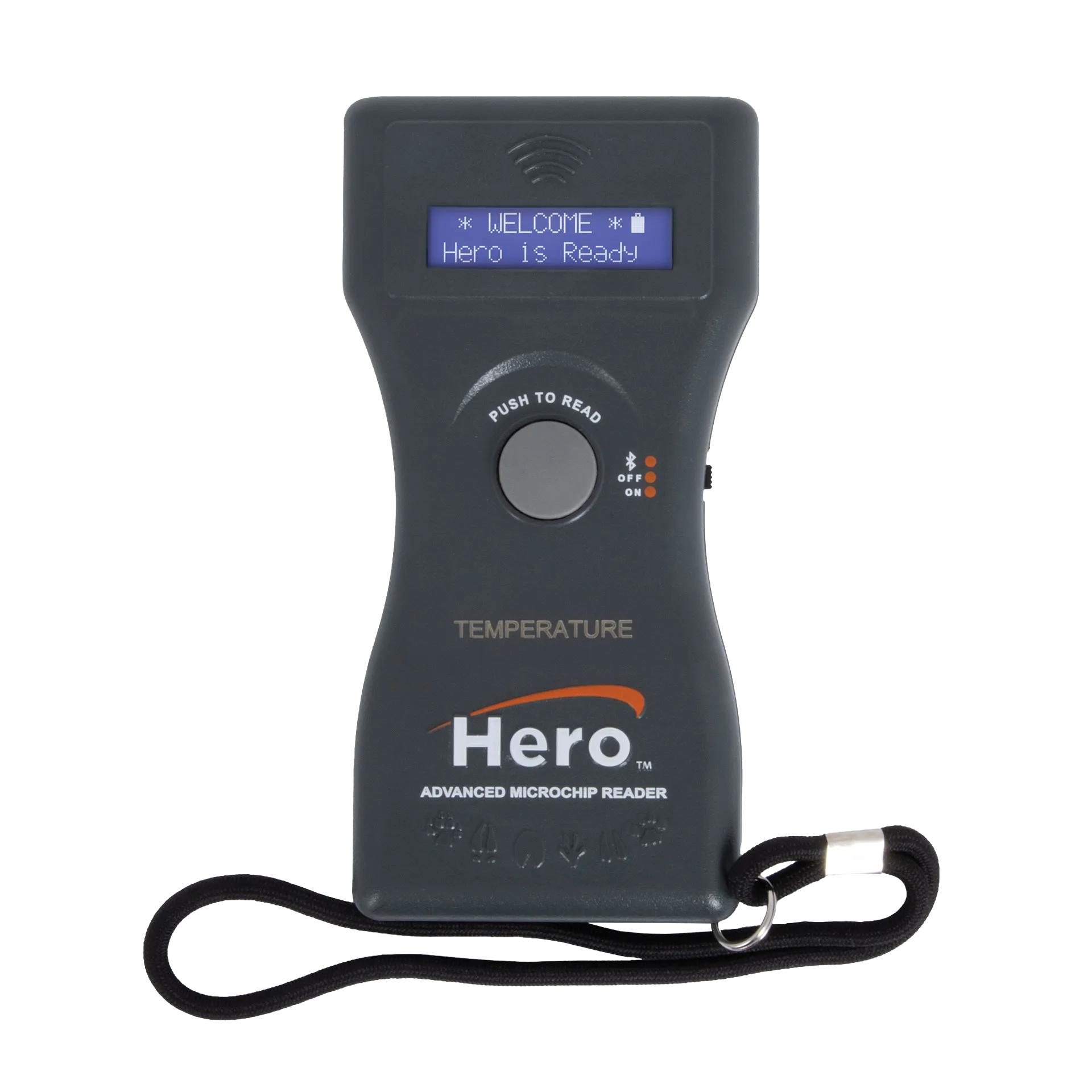 Hero™ Universal Microchip + Temp Scanner,"Handheld scanner with display screen and lanyard"