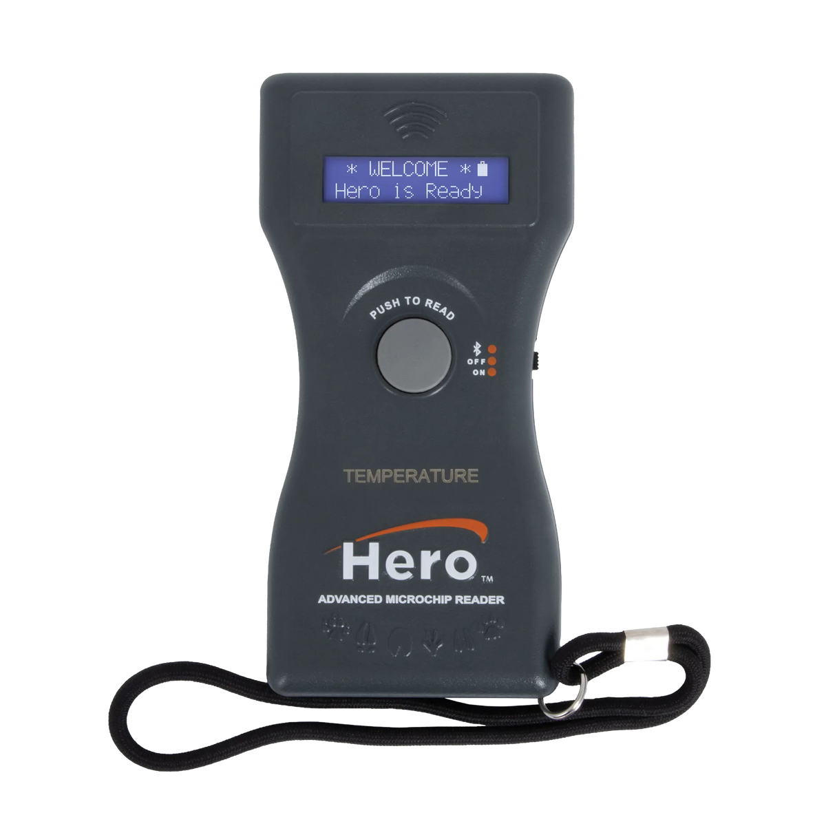 Hero™ Universal Microchip + Temp Scanner,"Handheld scanner with display screen and lanyard"