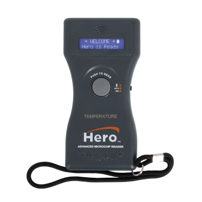 Hero™ Universal Microchip + Temp Scanner,"Handheld scanner with display screen and lanyard"